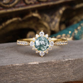 Round Cut Vintage Cluster Moss Agate Gemstone Ring Flower Engagement Ring